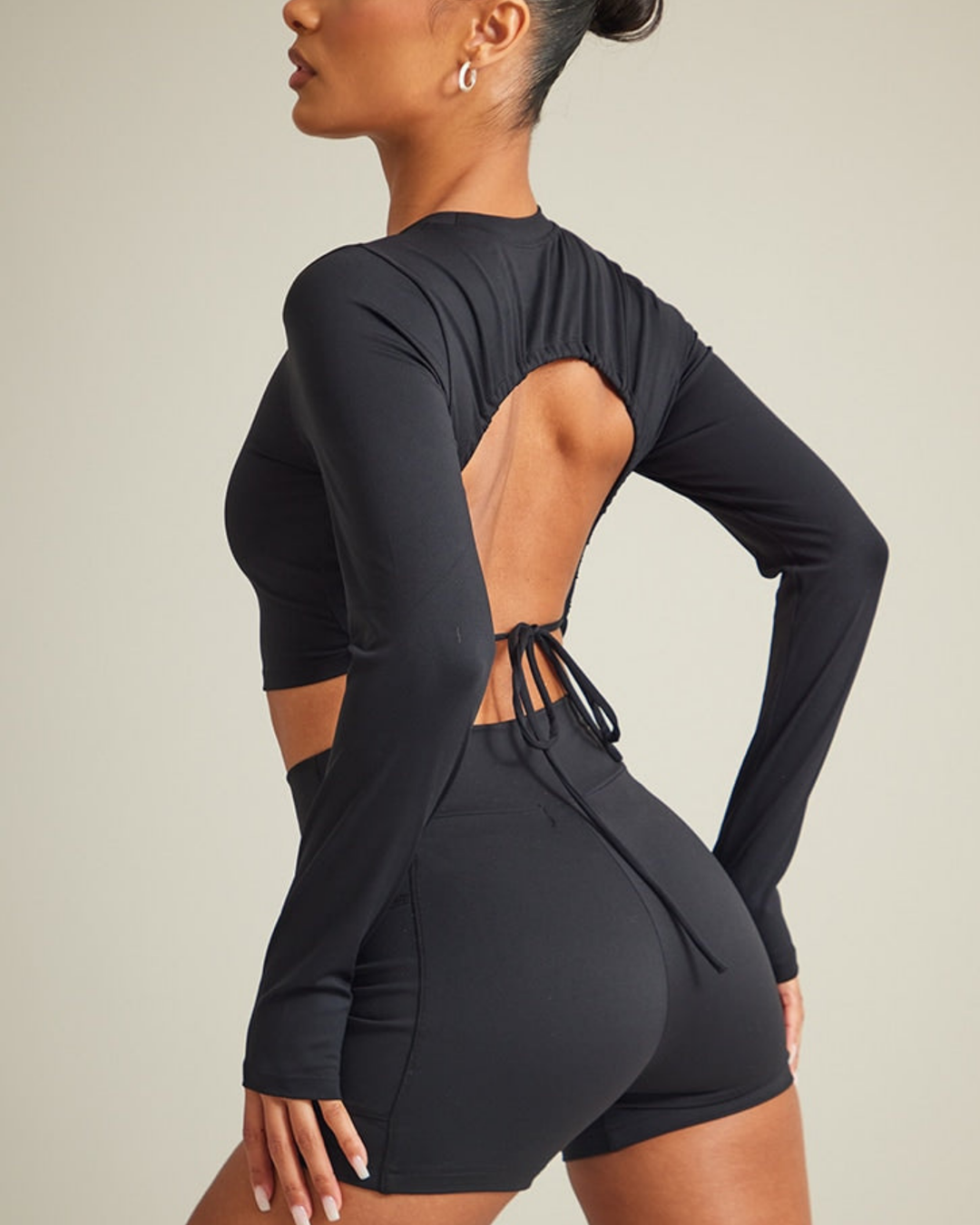 Aria Ruched Cut Out Tie Back Long Sleeve Top in Black